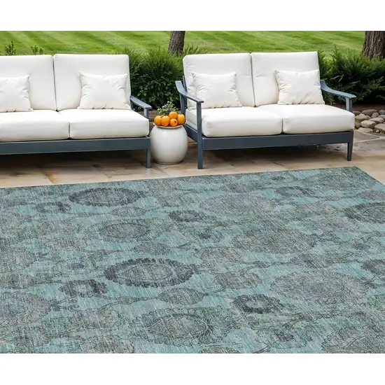 Turquoise Gray And Charcoal Damask Washable Indoor Outdoor Area Rug Photo 1