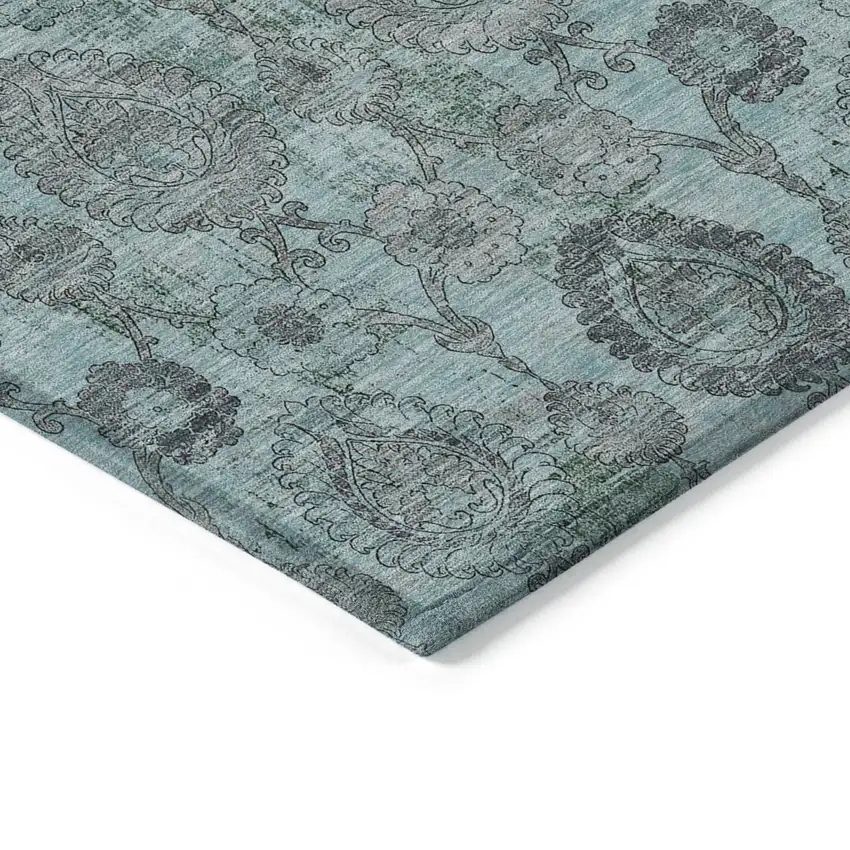 Turquoise Gray And Charcoal Damask Washable Indoor Outdoor Area Rug Photo 5