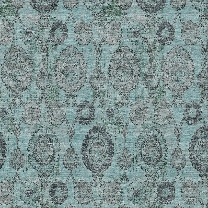 Turquoise Gray And Charcoal Damask Washable Indoor Outdoor Area Rug Photo 6