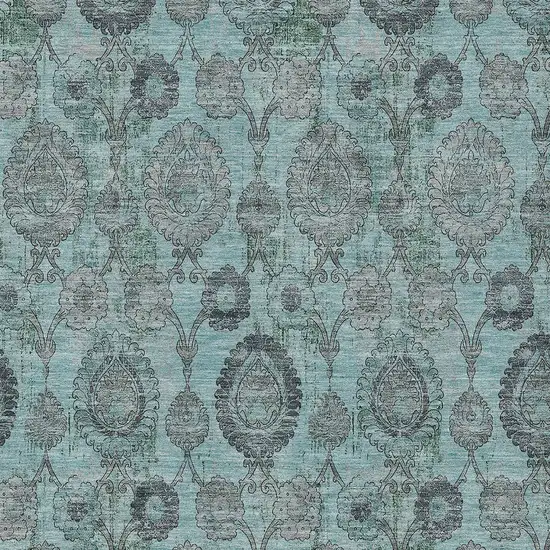 Turquoise Gray And Charcoal Damask Washable Indoor Outdoor Area Rug Photo 6