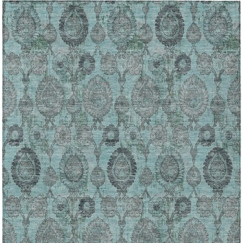Turquoise Gray And Charcoal Damask Washable Indoor Outdoor Area Rug Photo 7