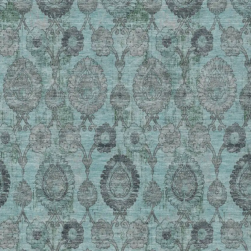 Turquoise Gray And Charcoal Damask Washable Indoor Outdoor Area Rug Photo 6