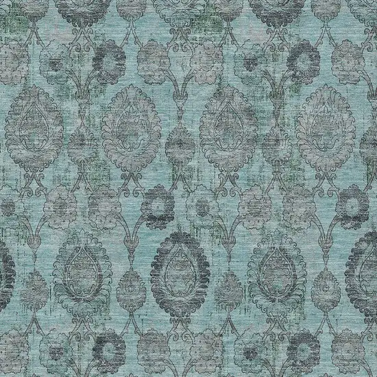 Turquoise Gray And Charcoal Damask Washable Indoor Outdoor Area Rug Photo 6