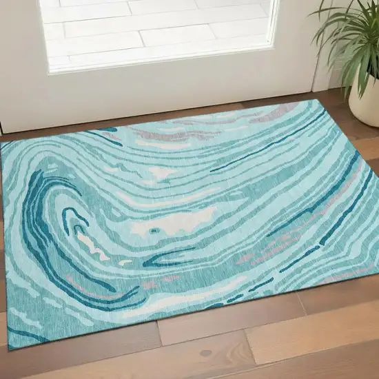 Turquoise Gray And Ivory Abstract Washable Area Rug With UV Protection Photo 1