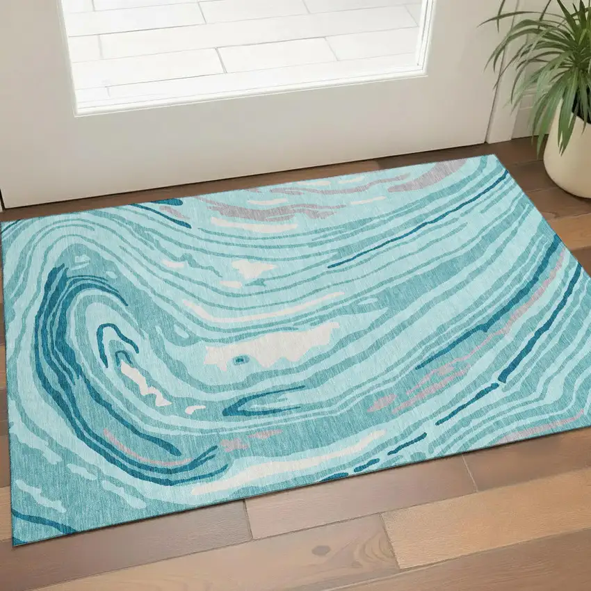 Turquoise Gray And Ivory Abstract Washable Area Rug With UV Protection Photo 1