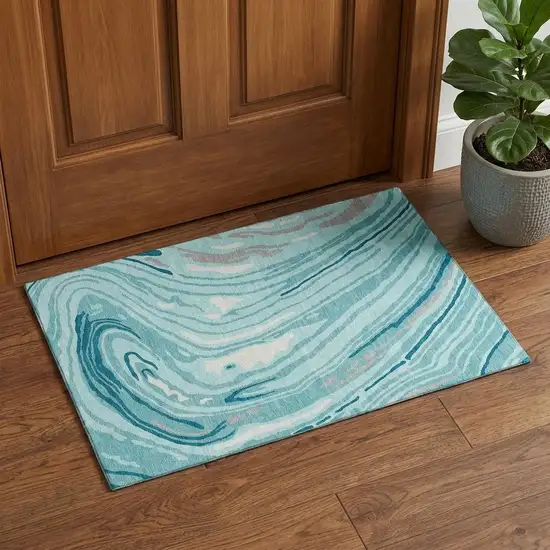 Turquoise Gray And Ivory Abstract Washable Area Rug With UV Protection Photo 1