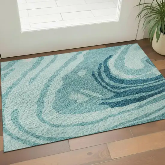 Turquoise Gray And Ivory Abstract Washable Area Rug With UV Protection Photo 2