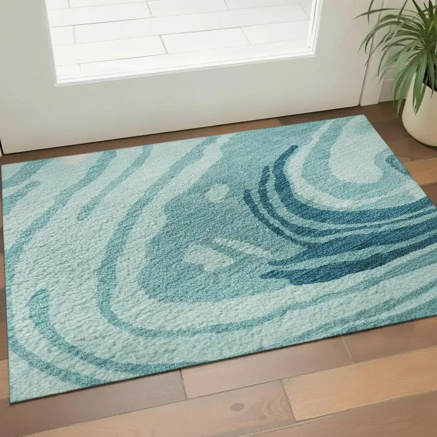 Turquoise Gray And Ivory Abstract Washable Area Rug With UV Protection Photo 2
