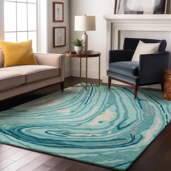 Turquoise Gray And Ivory Abstract Washable Area Rug With UV Protection Photo 3