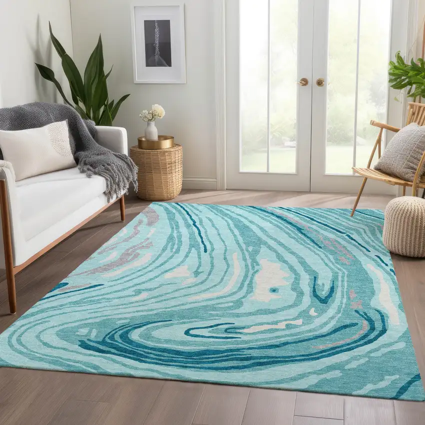 Turquoise Gray And Ivory Abstract Washable Area Rug With UV Protection Photo 4