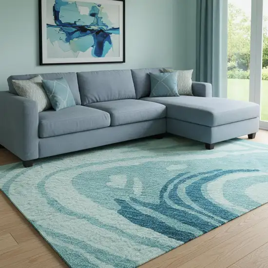 Turquoise Gray And Ivory Abstract Washable Area Rug With UV Protection Photo 2