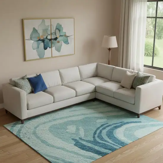 Turquoise Gray And Ivory Abstract Washable Area Rug With UV Protection Photo 2