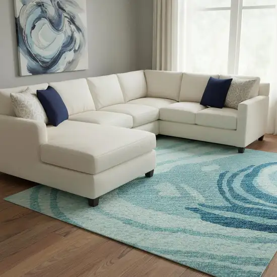 Turquoise Gray And Ivory Abstract Washable Area Rug With UV Protection Photo 2