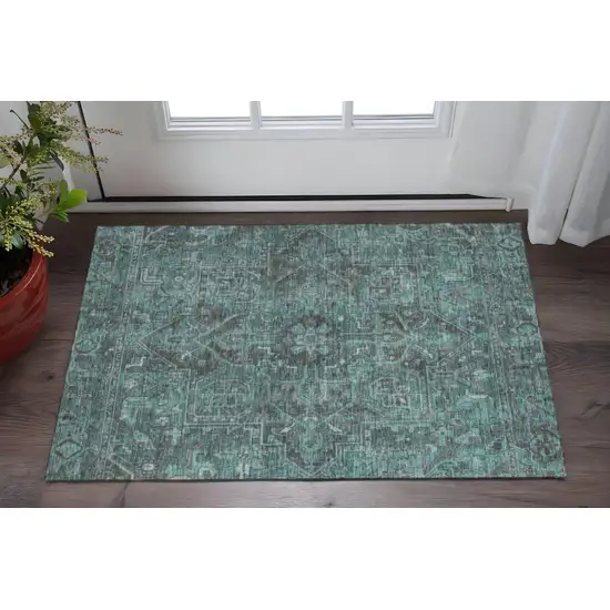 Turquoise Gray And Ivory Oriental Washable Area Rug With UV Protection Photo 2