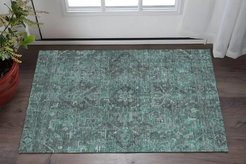 Turquoise Gray And Ivory Oriental Washable Area Rug With UV Protection Photo 2