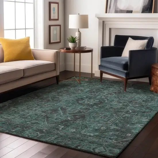 Turquoise Gray And Ivory Oriental Washable Area Rug With UV Protection Photo 5