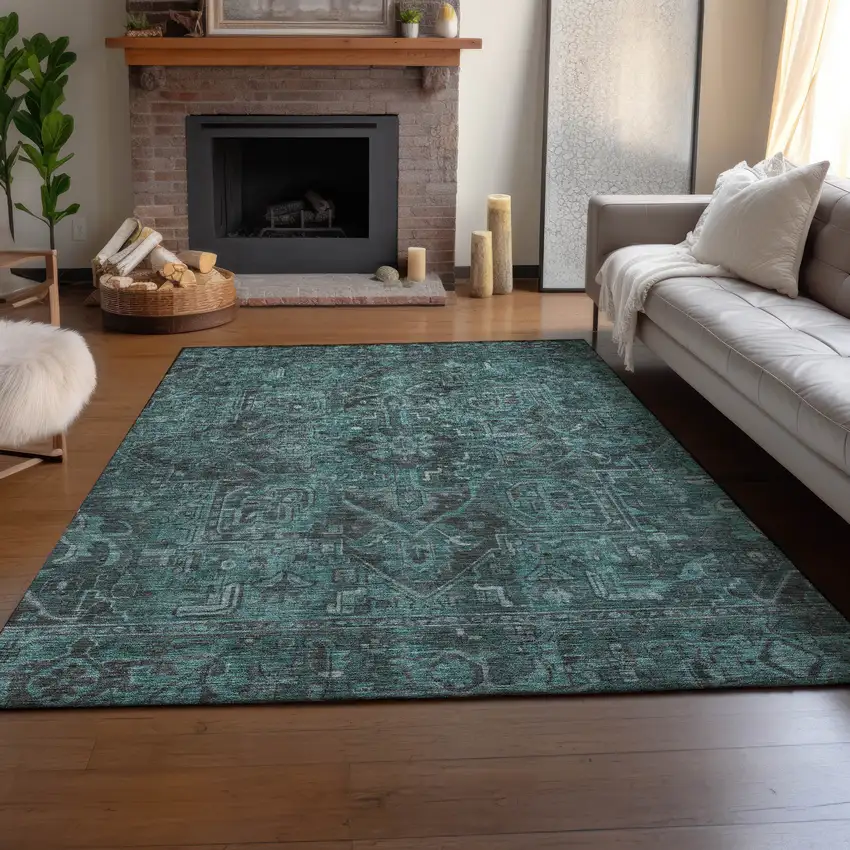 Turquoise Gray And Ivory Oriental Washable Area Rug With UV Protection Photo 6