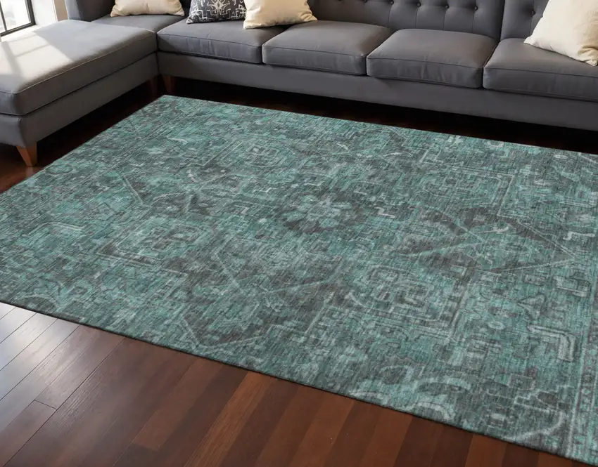 Turquoise Gray And Ivory Oriental Washable Area Rug With UV Protection Photo 2