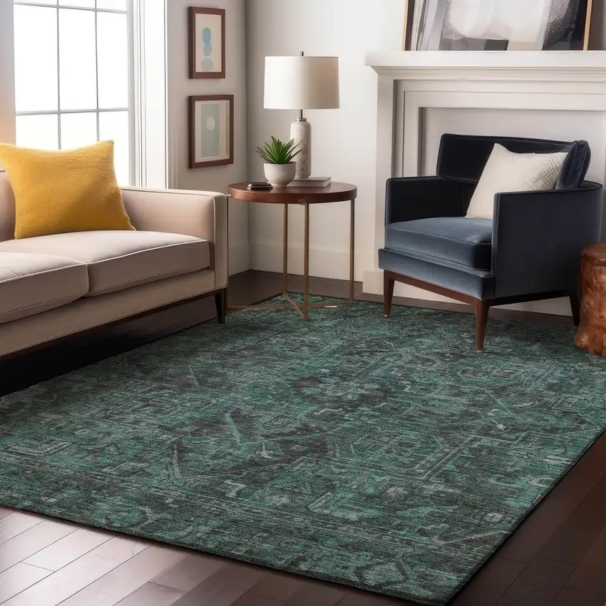 Turquoise Gray And Ivory Oriental Washable Area Rug With UV Protection Photo 5