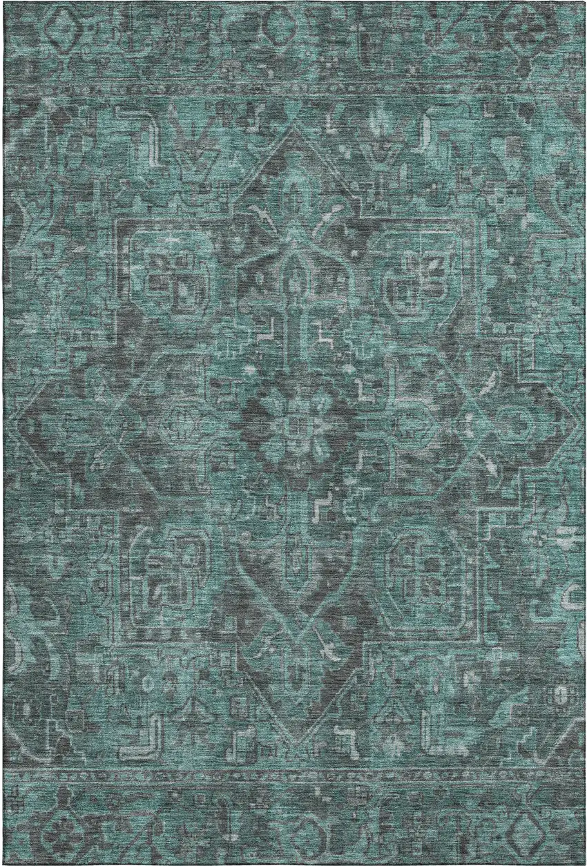 Turquoise Gray And Ivory Oriental Washable Area Rug With UV Protection Photo 1