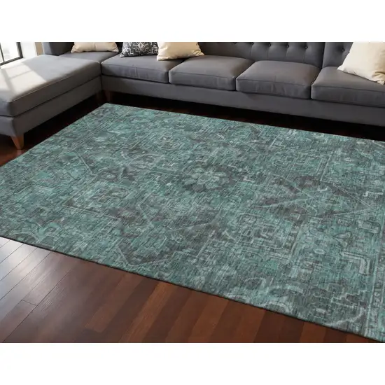 Turquoise Gray And Ivory Oriental Washable Area Rug With UV Protection Photo 2