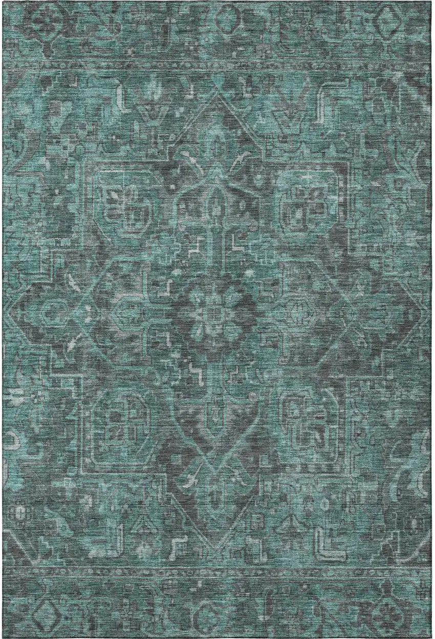 Turquoise Gray And Ivory Oriental Washable Area Rug With UV Protection Photo 4