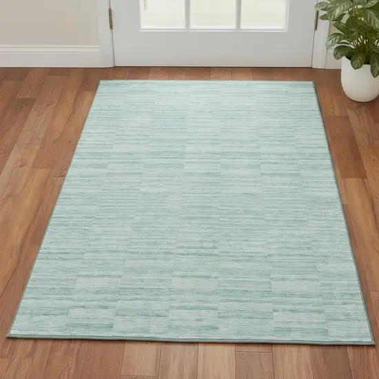Turquoise Gray And Ivory Striped Washable Area Rug With UV Protection Photo 2