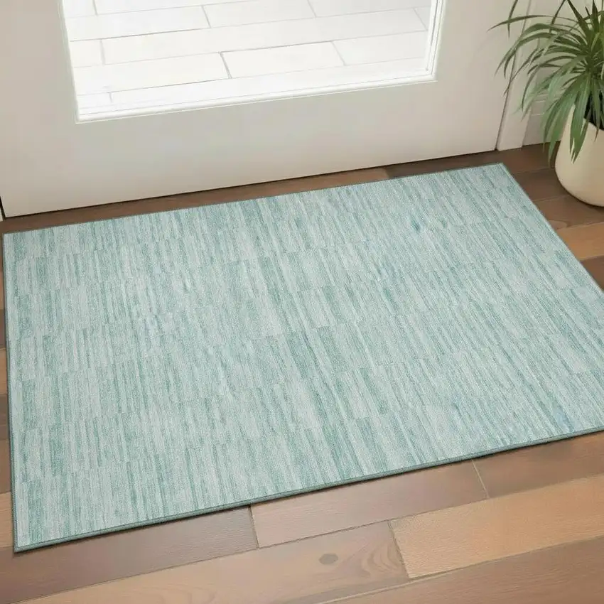 Turquoise Gray And Ivory Striped Washable Area Rug With UV Protection Photo 1