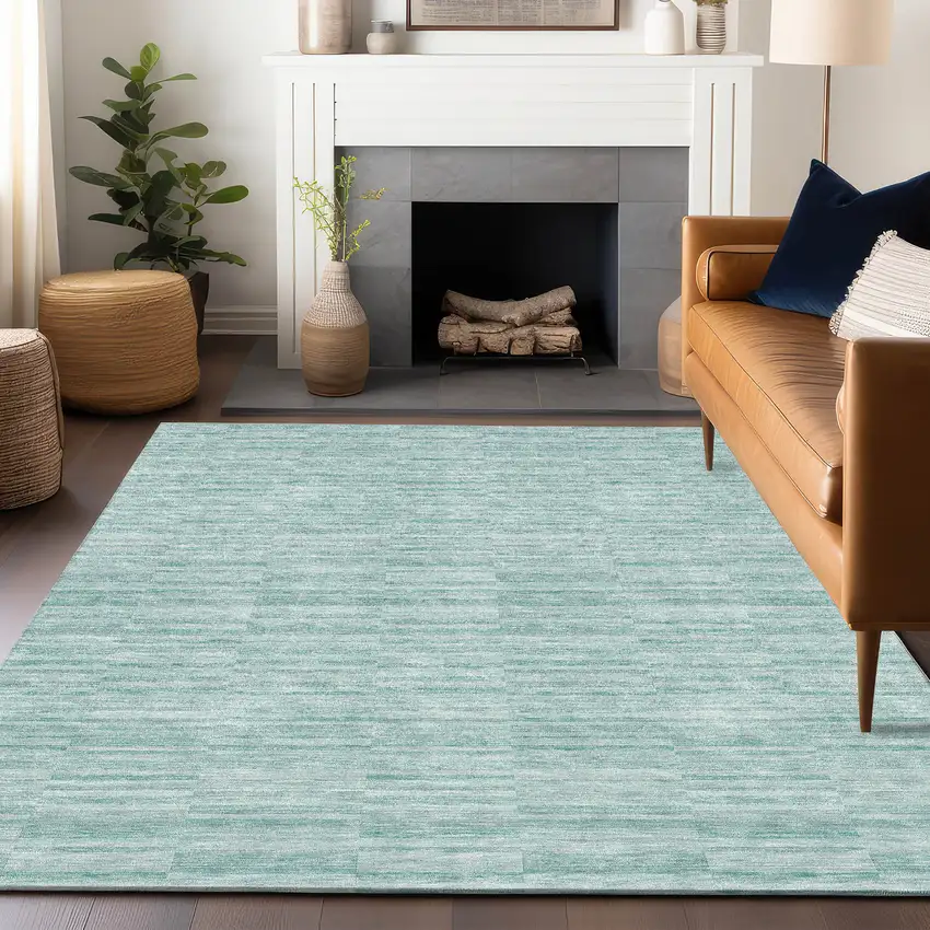 Turquoise Gray And Ivory Striped Washable Area Rug With UV Protection Photo 6