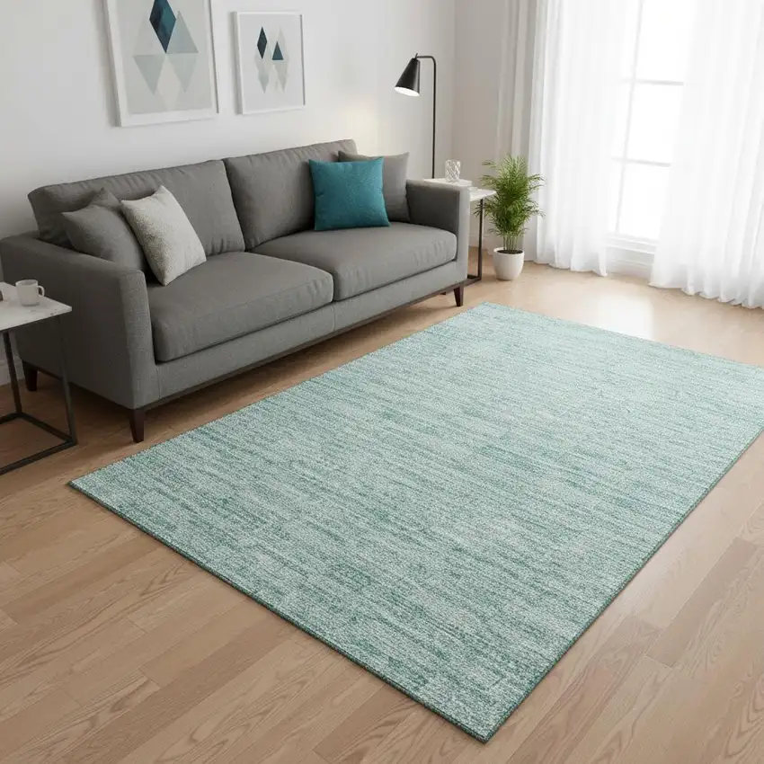 Turquoise Gray And Ivory Striped Washable Area Rug With UV Protection Photo 2