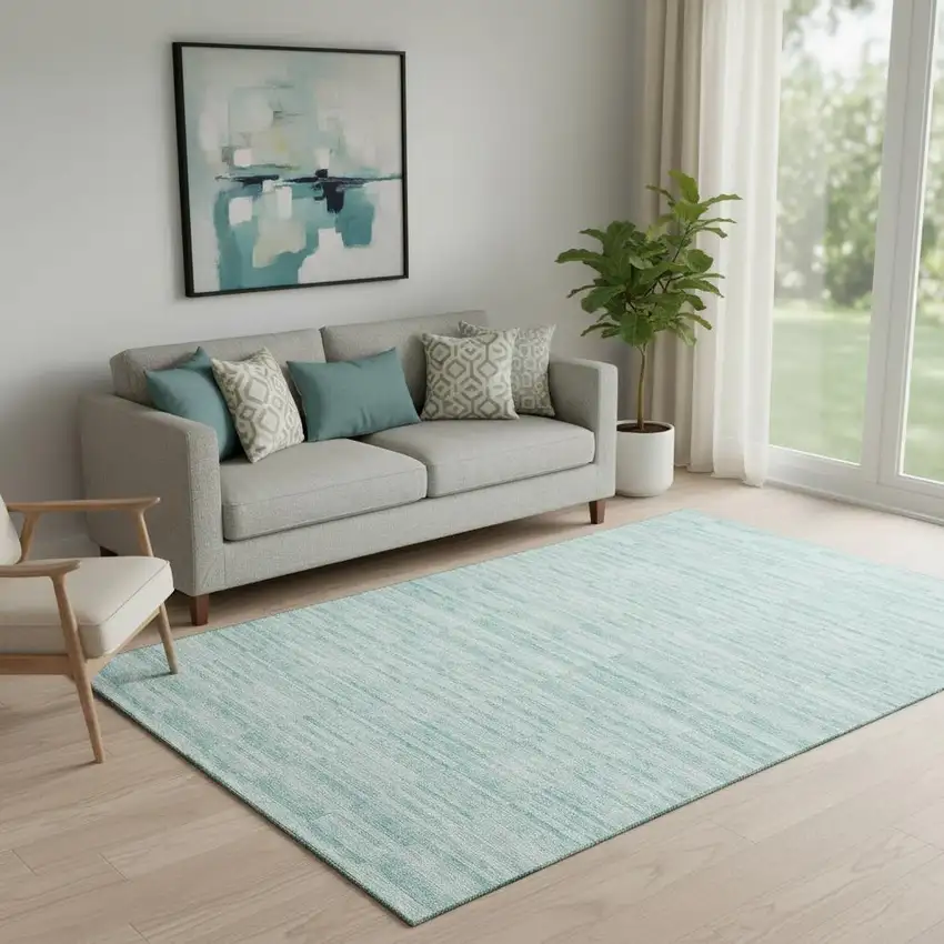 Turquoise Gray And Ivory Striped Washable Area Rug With UV Protection Photo 1