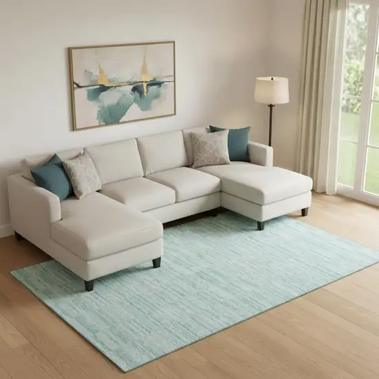 Turquoise Gray And Ivory Striped Washable Area Rug With UV Protection Photo 1