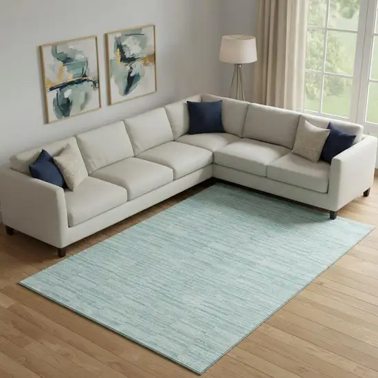 Turquoise Gray And Ivory Striped Washable Area Rug With UV Protection Photo 1