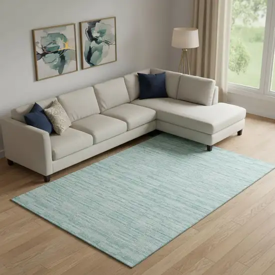 Turquoise Gray And Ivory Striped Washable Area Rug With UV Protection Photo 1