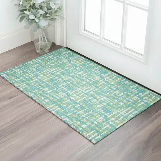 Turquoise Green And Ivory Abstract Geometric Washable Area Rug With UV Protection Photo 2