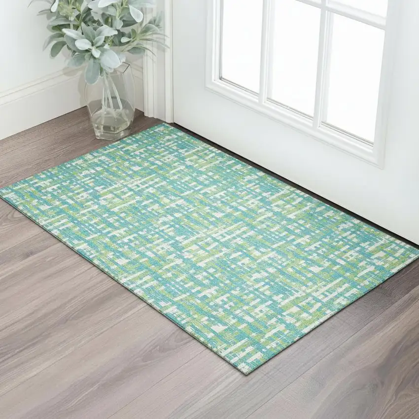 Turquoise Green And Ivory Abstract Geometric Washable Area Rug With UV Protection Photo 2
