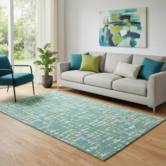 Turquoise Green And Ivory Abstract Geometric Washable Area Rug With UV Protection Photo 2