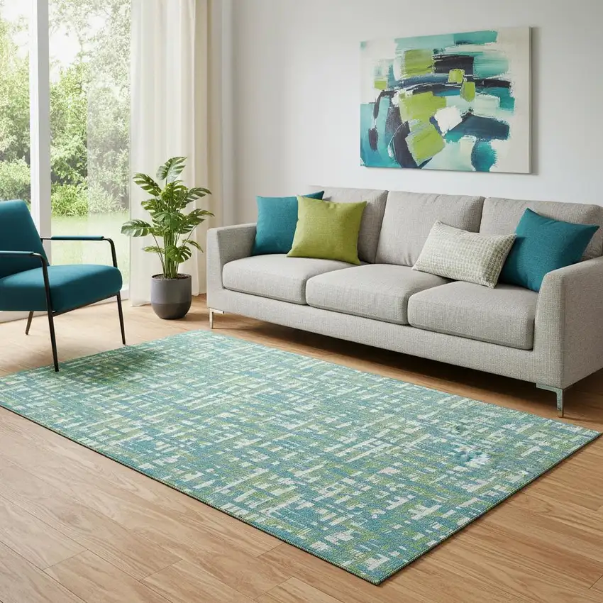 Turquoise Green And Ivory Abstract Geometric Washable Area Rug With UV Protection Photo 2