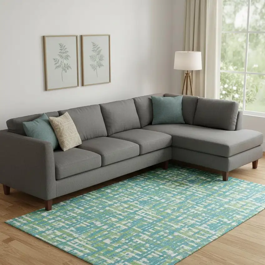 Turquoise Green And Ivory Abstract Geometric Washable Area Rug With UV Protection Photo 2