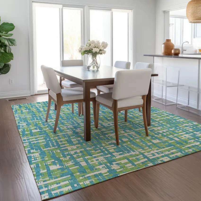 Turquoise Green And Ivory Abstract Washable Indoor Outdoor Area Rug Photo 9