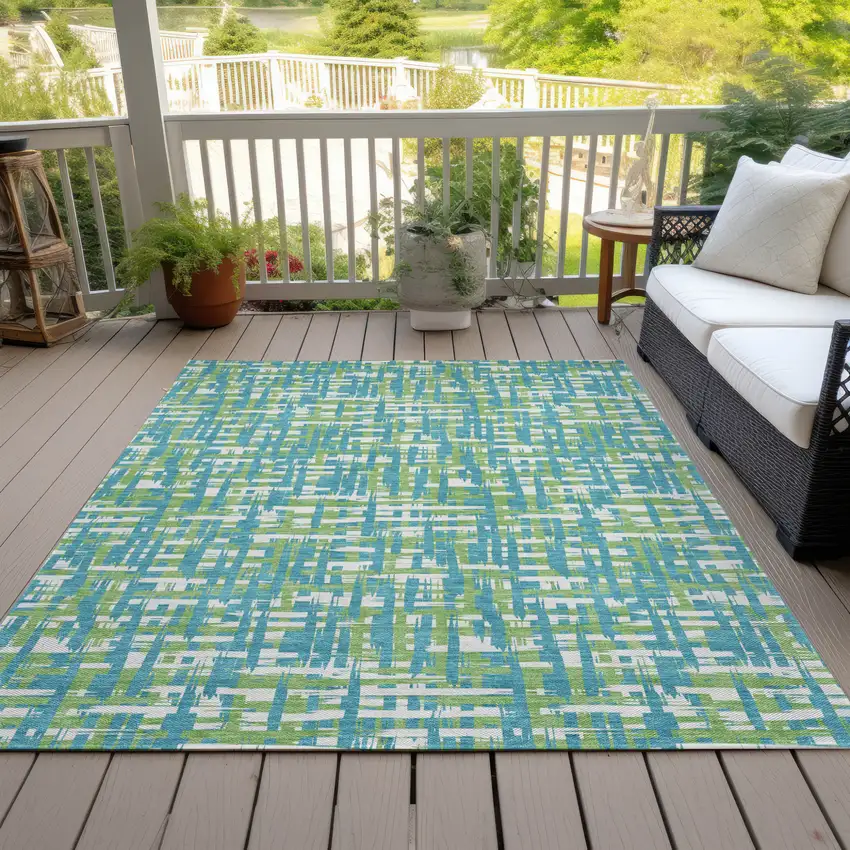 Turquoise Green And Ivory Abstract Washable Indoor Outdoor Area Rug Photo 8
