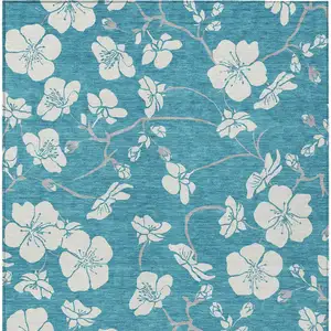 Photo of Turquoise Ivory And Gray Floral Washable Indoor Outdoor Area Rug