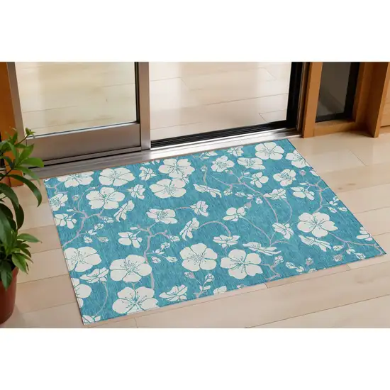 Turquoise Ivory And Gray Floral Washable Indoor Outdoor Area Rug Photo 1