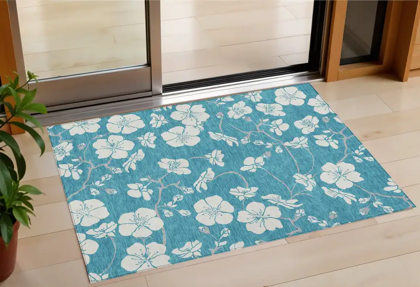 Turquoise Ivory And Gray Floral Washable Indoor Outdoor Area Rug Photo 1