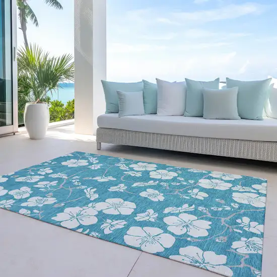 Turquoise Ivory And Gray Floral Washable Indoor Outdoor Area Rug Photo 9