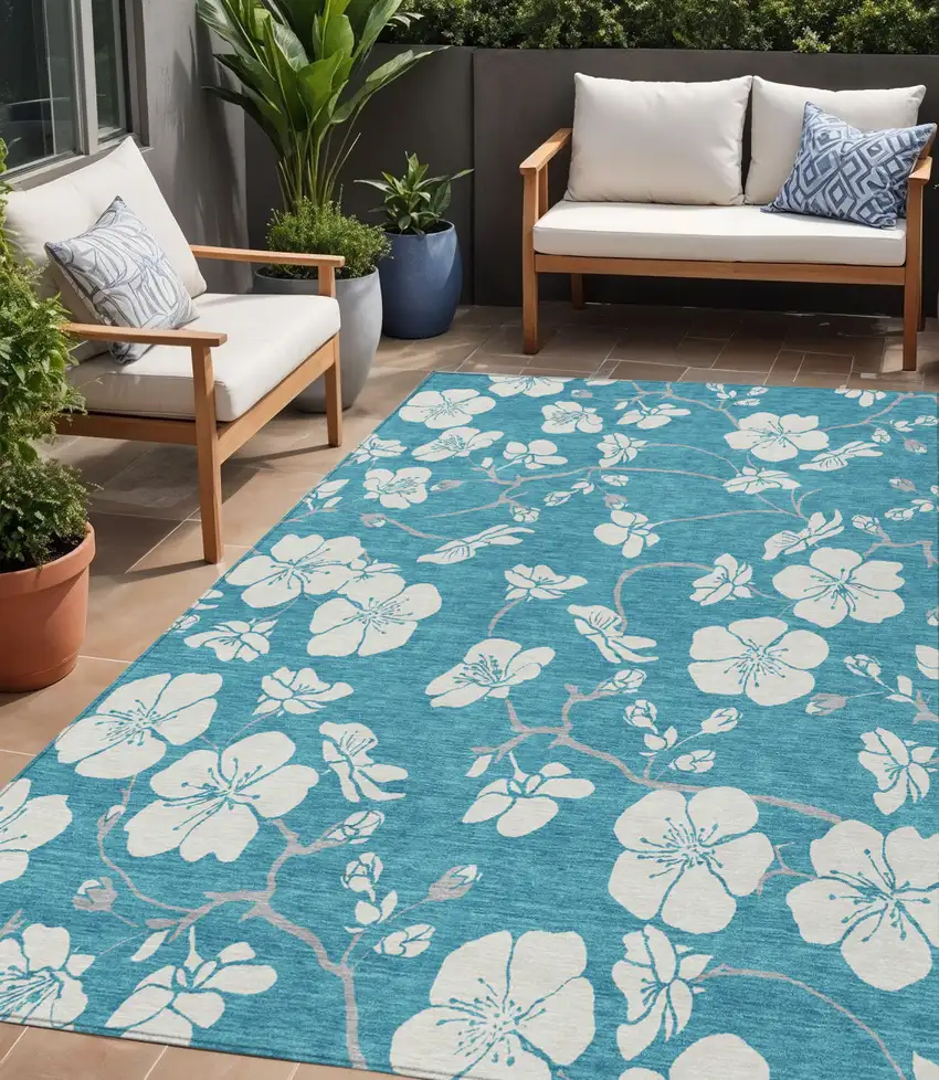 Turquoise Ivory And Gray Floral Washable Indoor Outdoor Area Rug Photo 1