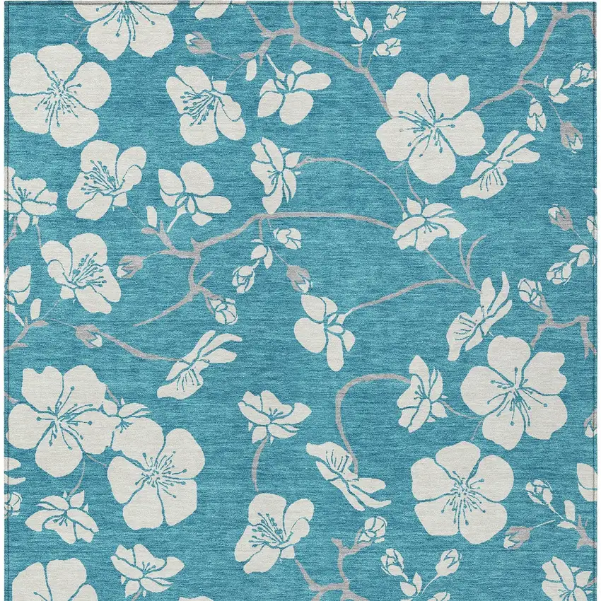Turquoise Ivory And Gray Floral Washable Indoor Outdoor Area Rug Photo 6