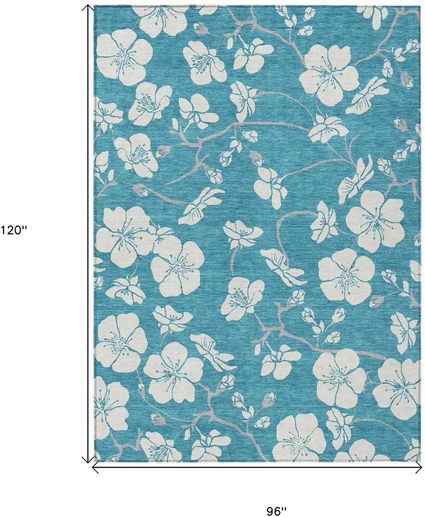 Turquoise Ivory And Gray Floral Washable Indoor Outdoor Area Rug Photo 3