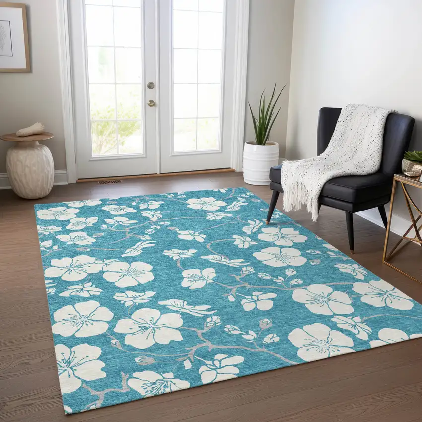 Turquoise Ivory And Gray Floral Washable Indoor Outdoor Area Rug Photo 8