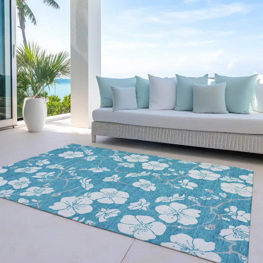 Turquoise Ivory And Gray Floral Washable Indoor Outdoor Area Rug Photo 9